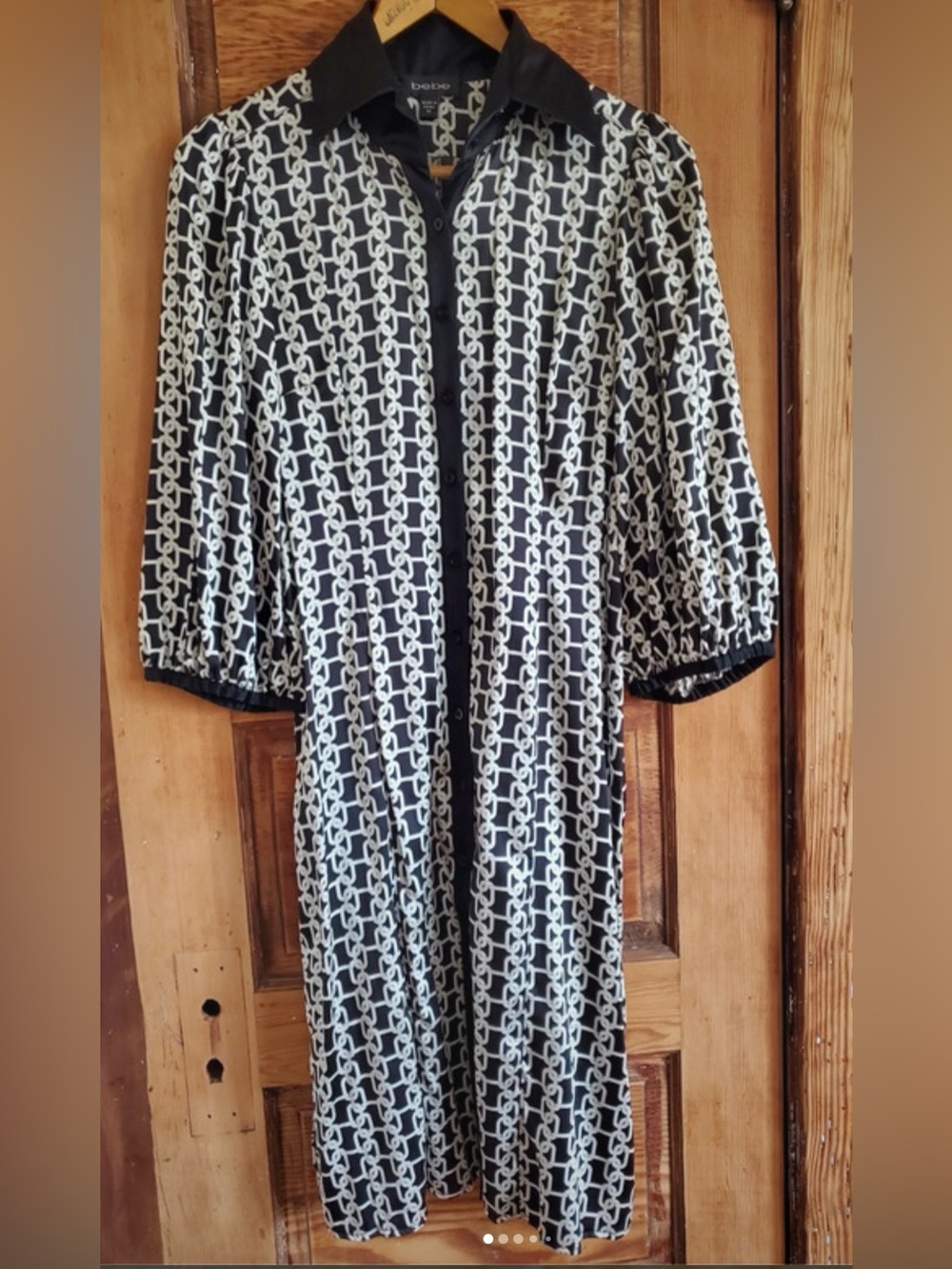 VTG Bebe Black and White SILK Chain Print Button-Up Dress M